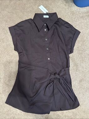 Babaton Rich Mocha Brown Short Sleeve Button Shirt with Side Tie
